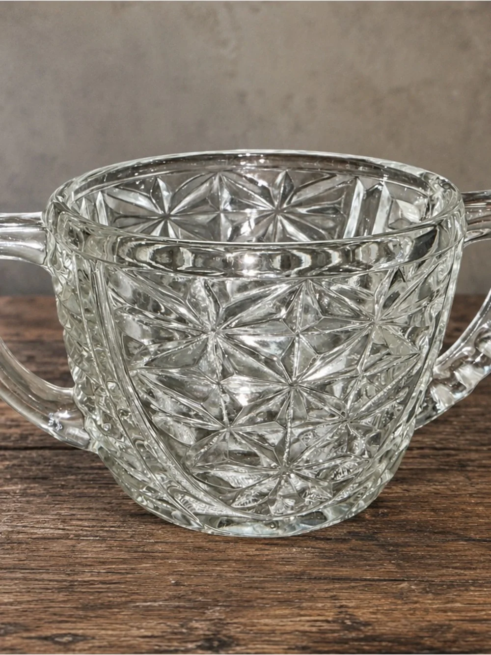 Vintage Pressed Glass Double Handled Open Sugar Bowl Daisy & Star Pattern EAPG